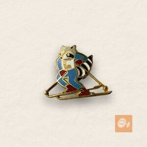 Vintage Skiing Raccoon Enamel Pin – Retro Animal Sportswear Winter Collectible